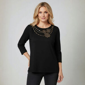 Quacker Factory Small Black 3/4 Sleeve Shirt Beaded Floral Design